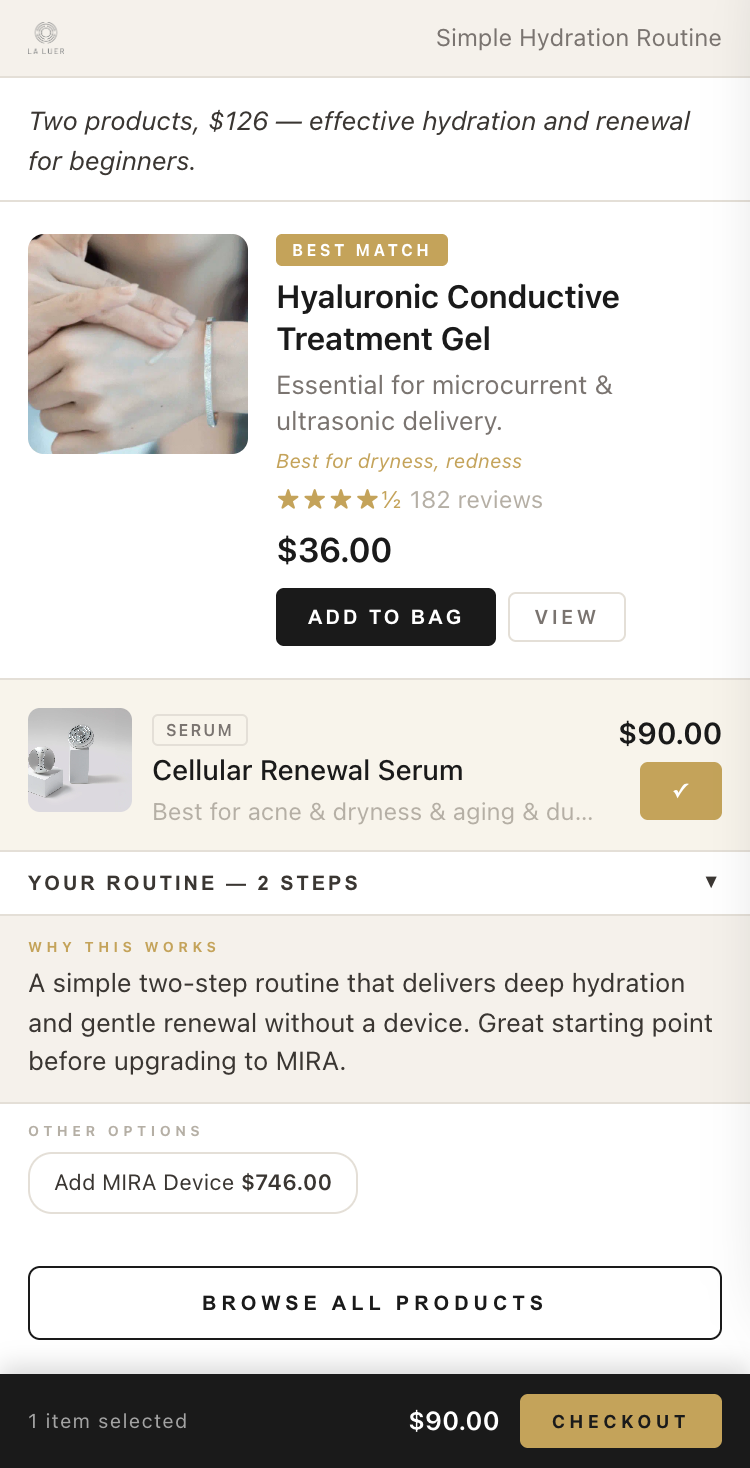 ChatGPT app showing a starter skincare routine with one item added and an active checkout bar